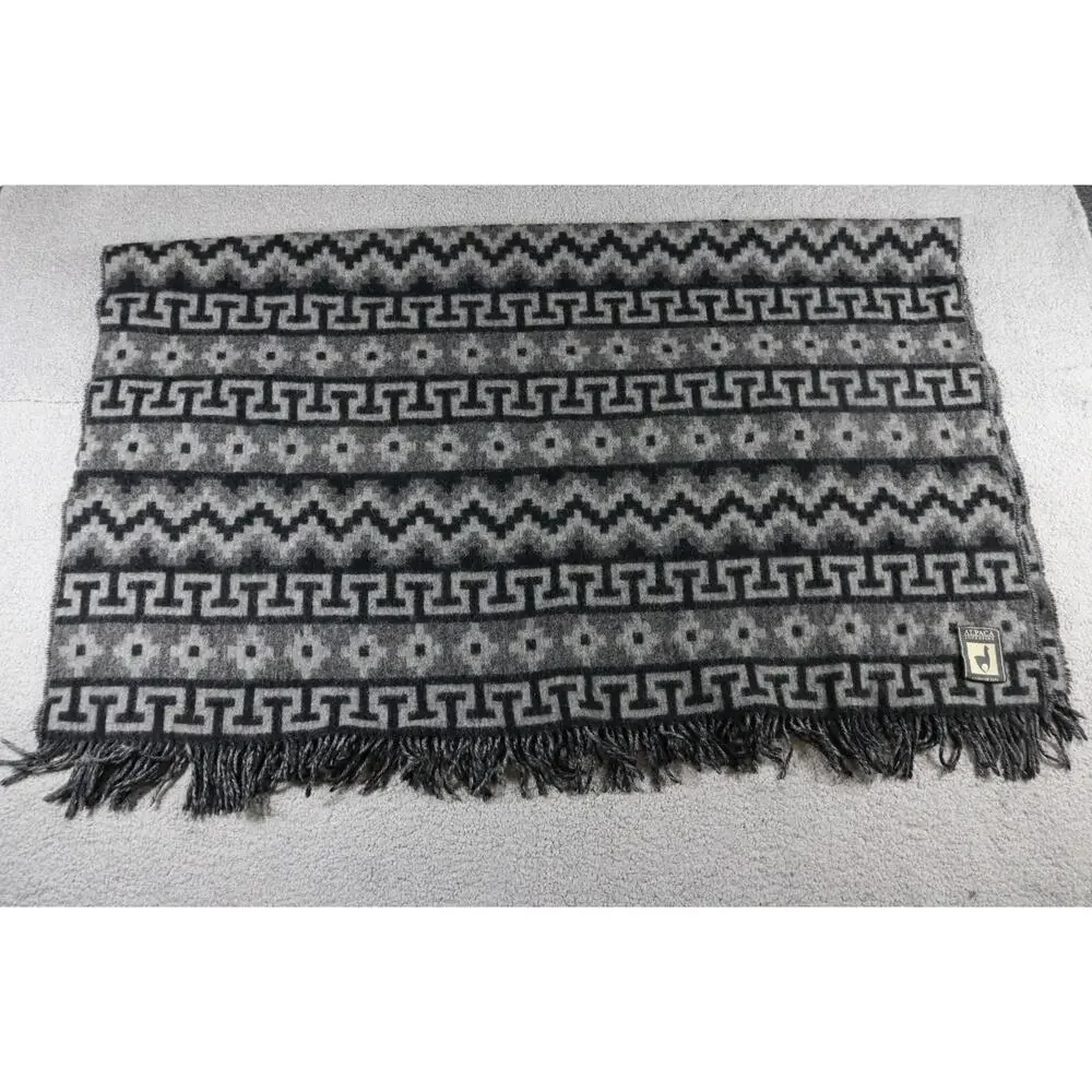 Alpaca Superfine Condor Tips Throw Blanket Gray Aztec Print Fringe 48